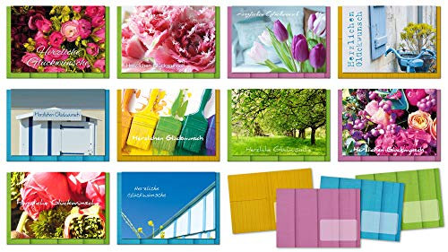 Glücksvilla Glückwunsch-Grußkarten, Klappkarten, 10er-Set mit 10 Klappkarten (DIN A6) plus 10 farbig bedruckte selbstklebende Motiv-Umschläge/Kuverts (DIN C6) Thema: Glückwünsche