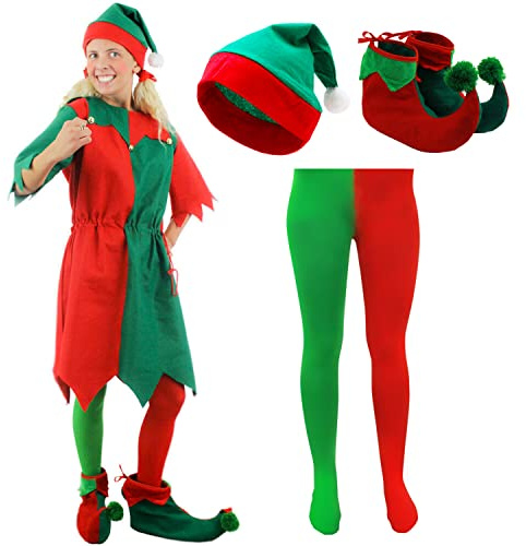 Ladies Elf Costume Christmas Fancy Dress - Red/Green Tunic + Elf Hat With Pom Pom + Red/Green Tights and Elf Boots - Cheeky Christmas Elf Santa's Grotto (UK 16/18)