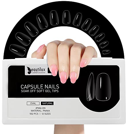 Beautilux Capsule Americaine Ongle Ovale Court, Capsules Ongles Oval Court Transparente Acrylique 552 Pièces 12 Tailles, Soak Off Faux Ongles Pose Americaine Pour Manucures à Domicile