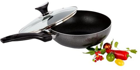 AM Home and Kitchen Wok a induzione antiaderente con coperchio, grande padella profonda, piano cottura a induzione wok, perfetto per wok e padella, Kadai