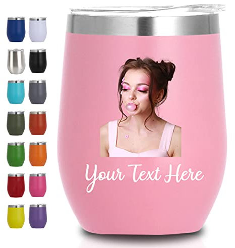 Qingxily Vaso de vino personalizado Foto personalizada Vaso de vino con tapa Copas de vino aisladas personalizadas con logotipo de nombre Regalos personalizados para el Día de la Madre Mamá Mujer