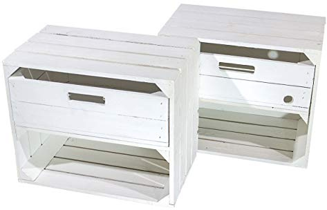2 weiße Holzkisten mit Schublade 50cm x 40cm x 31cm Obstkisten Schrank Holzbox Shabby chic Weiss Nachttisch Nachtschrank DIY modern Möbel Garten Weinkisten