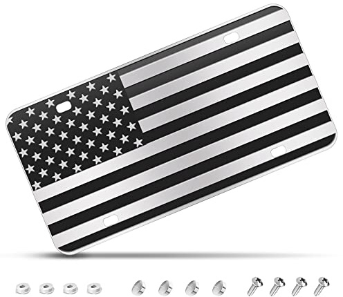 Nummernschild mit amerikanischer Flagge, Schwarze Frontflagge mit 4 Löchern, Vintage-Aluminium, Metall, 3D-geprägt, US-Kennzeichen mit Schraubkappen, 15,2 x 30,5 cm
