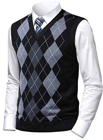 Herothorn Suéter Chaleco V-Cuello para Hombre Patrón de Diamante Jersey de Cárdigan Lana sin Mangas Cuadros Chaqueta De Punto Jerséis de Invierno Otoño