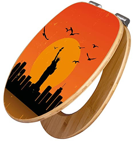 banjado Design WC Sitz Bambus Absenkautomatik 45,8x37,5cm - Toilettendeckel mit Absenkautomatik Holz - hochwertiger Bambus Klodeckel - WC-Sitz für gängigen Toiletten - Motiv City Poster New York