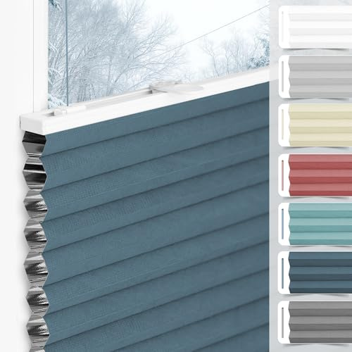 bobodeco Wabenplissee Plissee ohne Bohren Verdunkelung Klemmfix Thermo Verdunklungsplissee, Blau-Weiß 90x130 cm(BxH), 100% Verdunkelnd & Sicht- & Schallschutz, Wärmeisolierung für Fenster & Tür