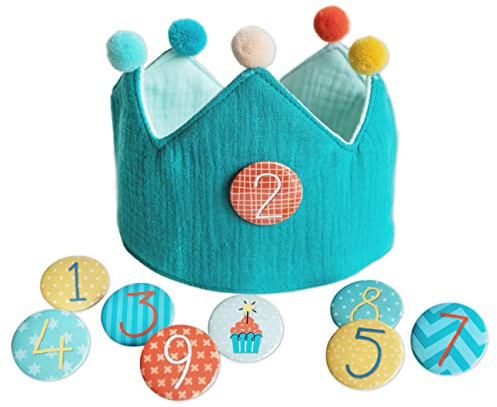 Papierdrachen Corona de muselina con números, color turquesa, para cumpleaños infantiles, corona de muselina con botones del 1 al 8, sombrero decorativo para fiestas para niños y niñas