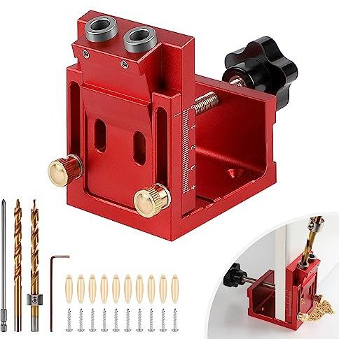 EFUTURETIME Pocket Hole Jig Set, 15° Taschenloch Bohrschablone mit 2 HSS φ9mm Bohrer, 10 selbstschneidenden Schrauben, 10 Holzbearbeitungsstöpseln, Schrägloch Bohrschablone für Holzbearbeitung, Rot