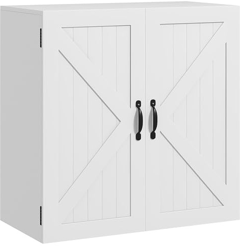 kleankin Armadietto Pensile da Bagno in Legno a Parete 60x30x60cm Bianco | Mobile Bagno Salvaspazio, Stile Country, con Ripiano Regolabile