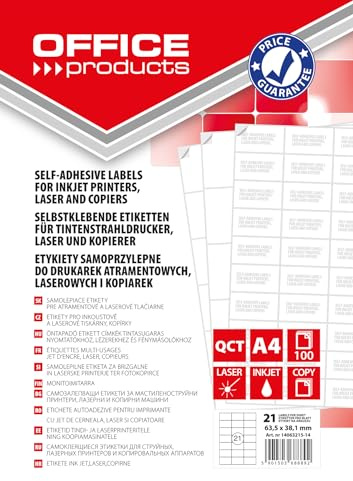 OFFICE PRODUCTS Etiketten Selbstklebend / 63,5 x 38,1 mm / 100 Blatt A4 / Weiß/Günstige, Wirtschaftliche Selbstklebeetiketten/Adressaufkleber Bedruckbar Adressetiketten Klebeetiketten