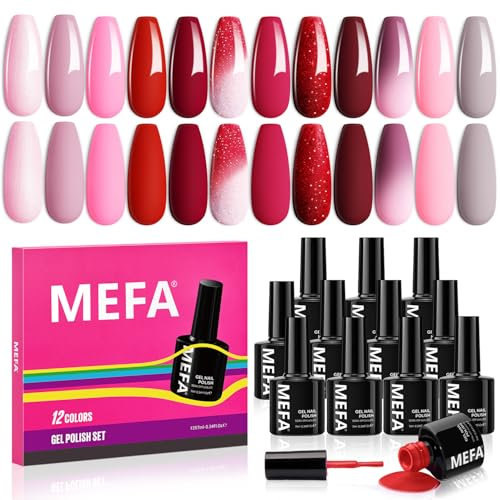 MEFA Red Gel Nail Polish Set, 12 Colors Pink Dark Red Color Changing Gel Polish Set Soak Off UV Led Gray Glitter Nail Gel Manicure Home DIY Salon for Women
