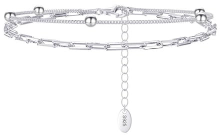 AMDXD Armreif 925 Damen, 925 Sterling Silber Freundschafts Armband Armreif Doppelschicht Ketten mit Kugel, Silber Armbänder Damen, 21.5CM