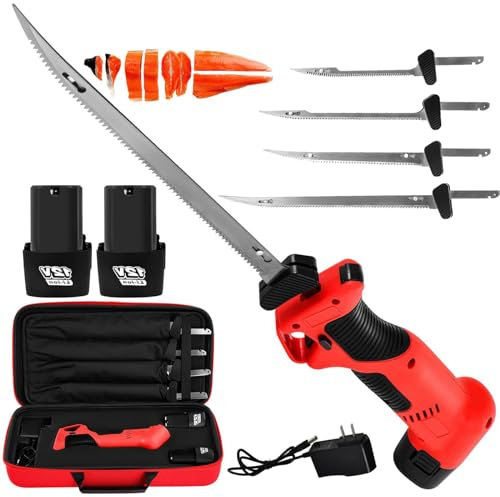 HLGKBY Cuchillo para Filete de Pescado Recargable Cuchillo para Filete eléctrico inalámbrico con 4 Cuchillas antiadherentes recubiertas de nitruro de Titanio SS y 2 baterías, Bloqueo Seguro,