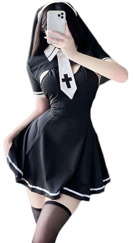 THSCWY Sexy Nun Costume Women Cosplay Lingerie Gothic Maid Costume Nun Dress Anime Roleplay Halloween Outfits Black