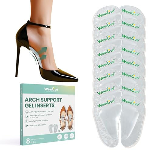 Fußstützeneinsätze Flachfüße, Welnove 8-Paar GelFußgewölbe Pads Gel Arch Support Einlegesohlenfür Plattfuß, Plantarfasziitis, Fit die meisten Schuhe, Männer Frauen, 0.47 Höhe