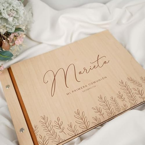 Bodapix | Libro de Invitados Comunión Personalizado | Libro de visitas de Madera Personalizado | Álbum de Firmas para Primera Comunión | Álbum de Fotos Scrapbook de Madera Palm