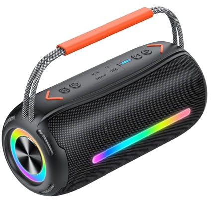 IKT Bluetooth Lautsprecher mit Tragegriff, 40W Musikbox Bluetooth Box mit Dualen Bass-Treibern, IPX7 Wasserdicht, RGB Lichter, TWS Kopplung, AUX, TF Karte, Geeignet Party/Outdoor/Reisen, Schwarz