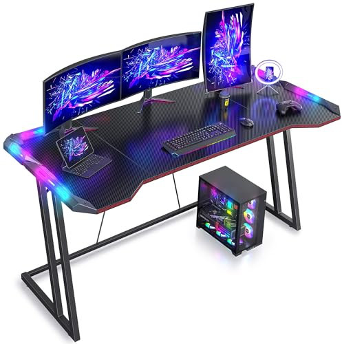 XFZJCHAP Gaming-Schreibtisch mit LED, 120 cm Gamer-Workstation, Heimcomputer mit Carbonfaser-Oberfläche, Schwarz