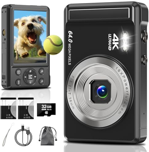 YiFuar 4K 64MP Digital Camera, 2.8 UHD Compact Camera with 16X Digital Zoom, Auto Focus, 2x 1200mAh Batteries, 32GB Card, Black, Portable Camera for Teens, Students, Kids, Boys, Girls