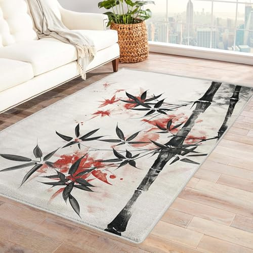 AUWUUA Alfombra de bambú con estampado de plantas de 60 x 110 cm, alfombras japonesas chinas para dormitorio, sala de estar, pasillo, entrada, estilo asiático, alfombra pequeña para interiores