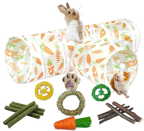 LUCKITTY Rabbit Tunnel Toy, Collapsible 3-Way Hideout Tunnel with Chew Toys for Rabbits, Guinea Pigs, Ferrets, Kittens & Small Pets - Orange & White Carrot Design (33x20x9.5)