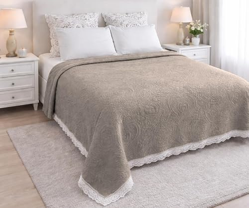 Tata Home Trapuntino Matrimoniale Primaverile Estivo Copriletto Trapuntato Imbottito Mezza Stagione Extra Morbido Misura 250x250 cm Shabby Chic Cuori Mod. Belle Colore Beige