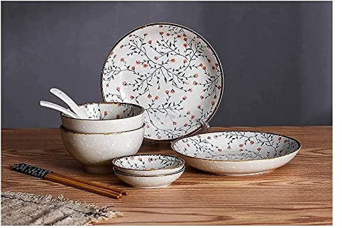 SGKOMN Service de Table Familial de Luxe, Service de Table rétro en céramique 8 pièces, Service pour 2, Bols à Riz, Assiettes à Salade, Service de Table pour collations