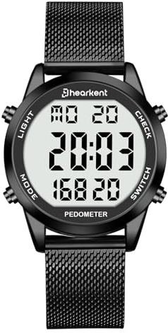 Hearkent Digitale Uhren für Herren, wasserdichte Uhr mit Schrittzähler, Wecker, Kalorien, Entfernung, Alarm, Countdown, Edelstahlarmband, Schwarz , Armband