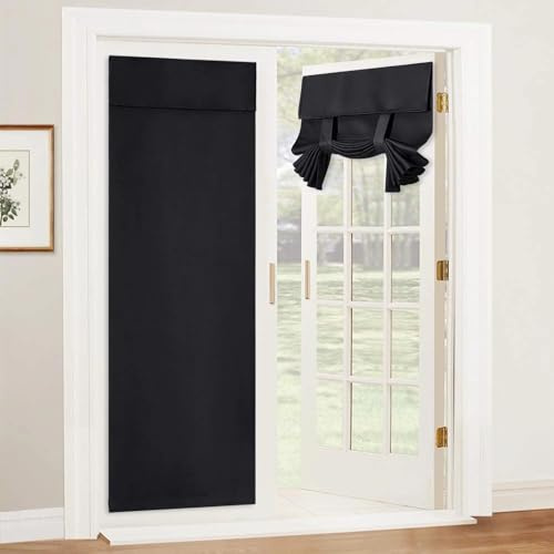 NUWIQ Blackout Door Curtains, 1 Piece French Door Blinds, 173 × 66 cm Stick On Curtains, Privacy Room Darkening with Ties, Thermal Insulated Shades for Bedroom, Patio Doors (Black)