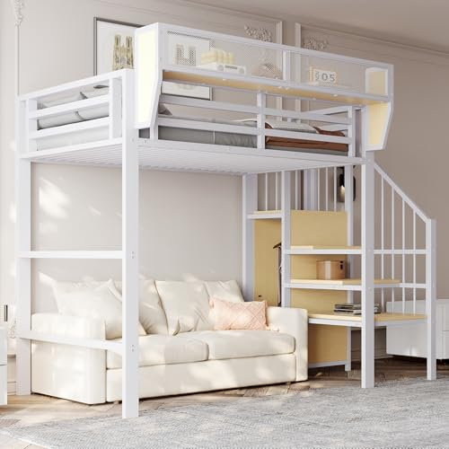 Hochbett Etagenbett 90x200 cm, Kinderbett Metallbett mit Treppen, Stauschrank und Abnehmbares Lagerregal, Einzelbett Jugendbett Bettgestell mit Rausfallschutz und Lattenrost, Ohne Matratze, Weiß
