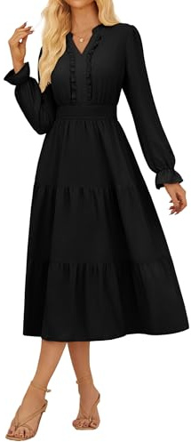 GRACE KARIN Women's Long Sleeve Dress Vintage Henley V Neck Elastic Waist Dresses with Pockets L Black