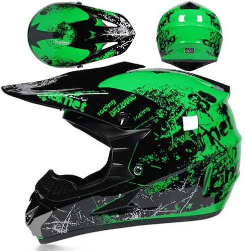 MODRYER Cascos De Motocross Mujer Hombre ATV Dirt Bike Ece Casco Integral con Gafas Guantes Máscara, Casco Todoterreno para MX Enduro Quad Descenso Off Road MTB BMX,Green-L