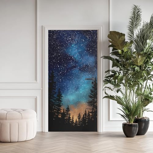 Blau Sternenhimmel Türaufkleber, Fantasie Galaxie Türfolie Selbstklebende Fototapete 85x200 cm, Wald Natur Türposter Abnehmbar Türfolie PVC Für Tür Schlafzimmer Badezimmer Türaufkleber