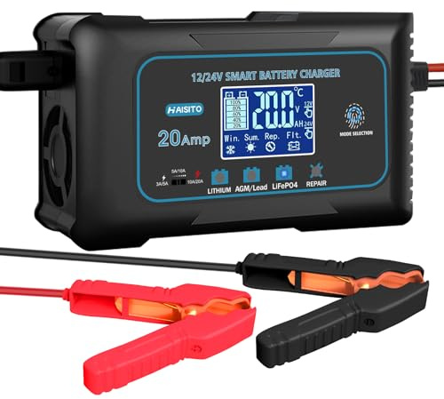 Haisito Intelligente Carica Batterie per Auto Moto 12V/24V 20A, Professionale Rapido Caricabatterie Mantenitore per Batterie al Litio, LiFePo4, Piombo-acido(AGM, GEL, EFB, SLA, VRLA)