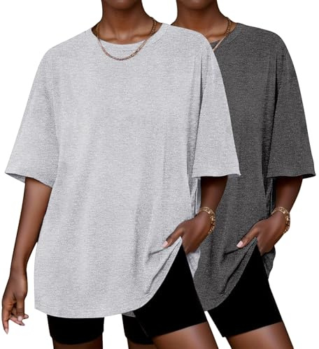 Ekouaer Tee Shirt Femme 2 Pack Ample Surdimensionné T Shirt à Manches Courtes Basique Haut Oversize Tshirt Col Rond