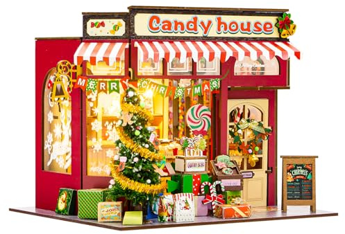 Negozio di caramelle natalizie Casetta in miniatura - Kit fai da te per casa delle bambole per adulti, Book Nook Puzzle 3D in legno Kit per mini casetta Booknook Regali per la famiglia e gli amici