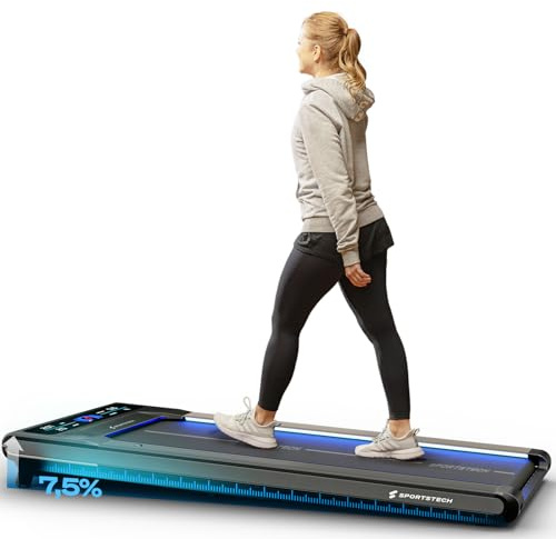 Sportstech Walking Pad mit Steigung, 150 kg belastbar, 8 km/h, Under Desk, Laufband für Zuhause Schreibtisch mit LED-Beleuchtung, fürs Home Office, Schrittzähler, bis 8 km/h, Treadmill, sWalk