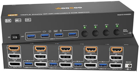 HDMI Displayport KVM Switch 3 Monitor 4 Computer 8K@60Hz/4K@144Hz KVM Switches with 4 USB 3.0 Port,Wired Remote,Power Adapter and 4 USB3.0 Cables Included