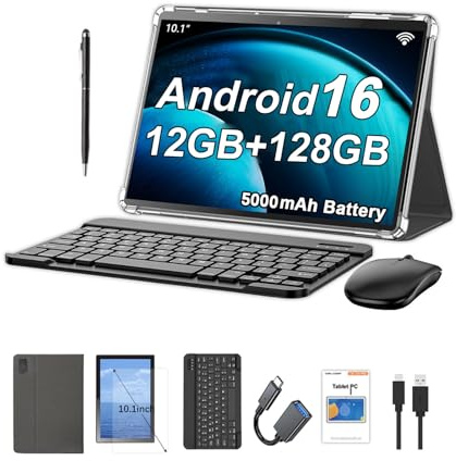 Crelander Tablette Android 16 de 10,1, 12 Go + 128 Go, Batterie 5000 mAh, écran Tactile 1280 x 800, Bluetooth/WiFi, avec étui, Clavier, Souris et Stylet (Gris)