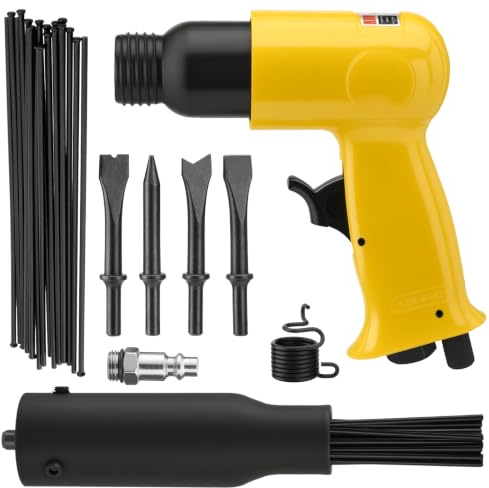 Kit de marteau burin pneumatique 2 en 1 4500 BPM Jaune | Outil antirouille à fort impact avec 38 aiguilles de détartrage à tête plate de rechange et 4 embouts de burin