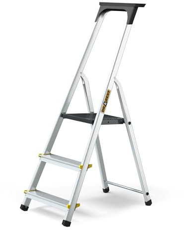 DRABEST SCALETTE SERIE PRO Scaletta in Alluminio Scaletta Domestica a 3 Gradini 150kg - Scaletta in Alluminio con Piedini Antiscivolo e Piattaforma per Scala da Lavoro - Scale Multiuso - 40x121x12cm