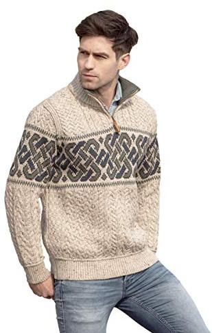 Aran Crafts Men's Irish Cable Knit Wool Half Zip Jacquard Sweater (X4843-SM-OAT) Oatmeal