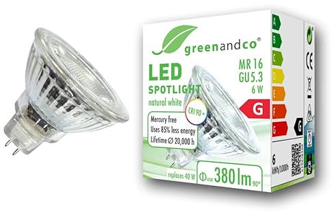 greenandco Spot a LED IRC 90+ 4000K 36° GU5.3 MR16 6W (equivalente spot alogeni 40W) 380lm (bianco neutro) SMD LED 12V AC/DC vetro, non dimmerabile