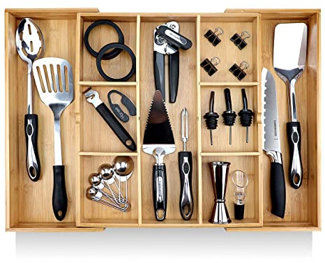 Pristine Bamboo Expandable Drawer Organizers for Kitchen - Extra Deep Non-Slip 17” x 14.6” (expands up to 25 inches) - Dark Wooden Silverware Divider (10 Compartments) – Organize Cooking Utensils
