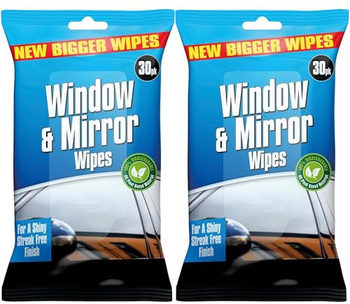 Premium Glass Wipes Car, Mirror, Window Car Glass Cleaner Wipes | Shiny Streak Free Cleans And Shines 2 x 30 Pack | Used on the Inside and Outside of the Car Window