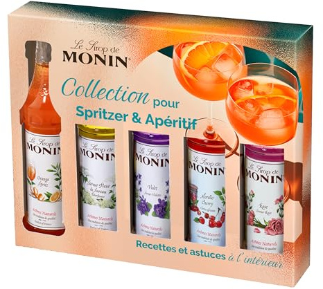 MONIN – Coffret pour cocktail pétillant pour Noël à base de Prosecco, Spritz et Gin Tonic - Rose, Cassis, Fleur de Sureau, Mûre et Cerise Griotte - 5x5cl