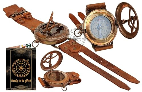 Hanzla Collection Steampunk Antique Brass Sundial Compass Handmade Leather Band Wrist Compass and Nautical Sundial Watch