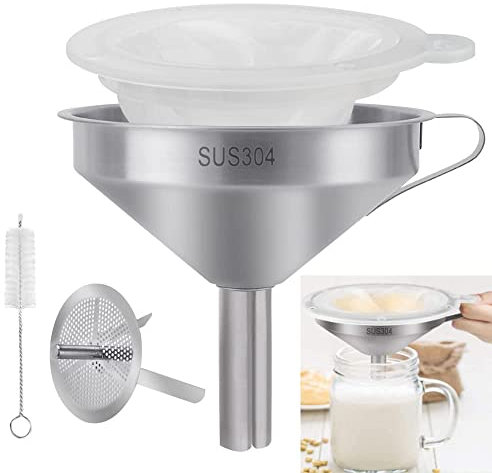 BUENTYA Embudo con Filtro de Acero Inoxidable de 13cm con Mango + 300 Filtros de Malla + Colador Desmontable + Cepillo de Limpieza Embudo de Cocina Kit de Embudo de Metal para Líquido Zumo Vino Aceite