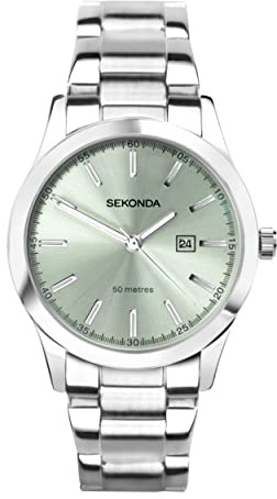 Sekonda Taylor Ladies 34mm Quartz Watch in Green with Analogue Date Display, and Silver Stainless Steel Strap 40397