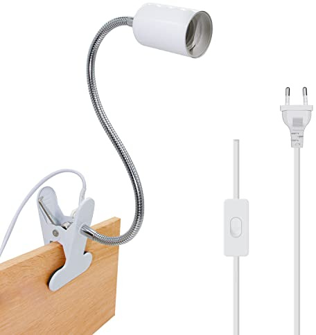 Crzpchas Metall E27 Klemmleuchte Lampenfassung Leselampe Tischlampe Klemmlampe stilllicht Buchlampe für Schreibtisch mit 360°flexibel Schwanenhals und 220cm Kabel button 60w für Schlafzimmer